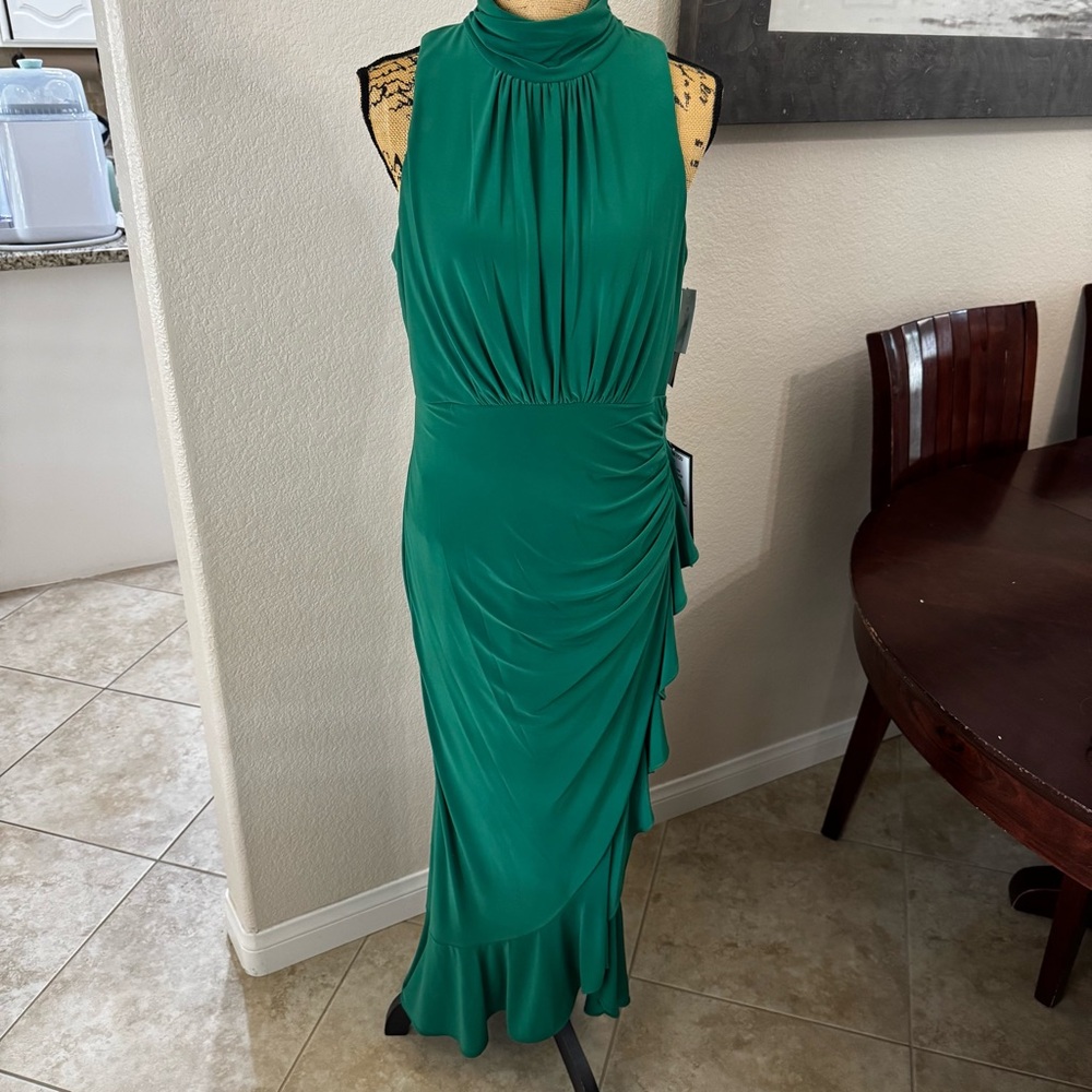 NWT XSCAPE Women's High-Neck Ruffled-Front Sheath Dress - Picture 9 of 15